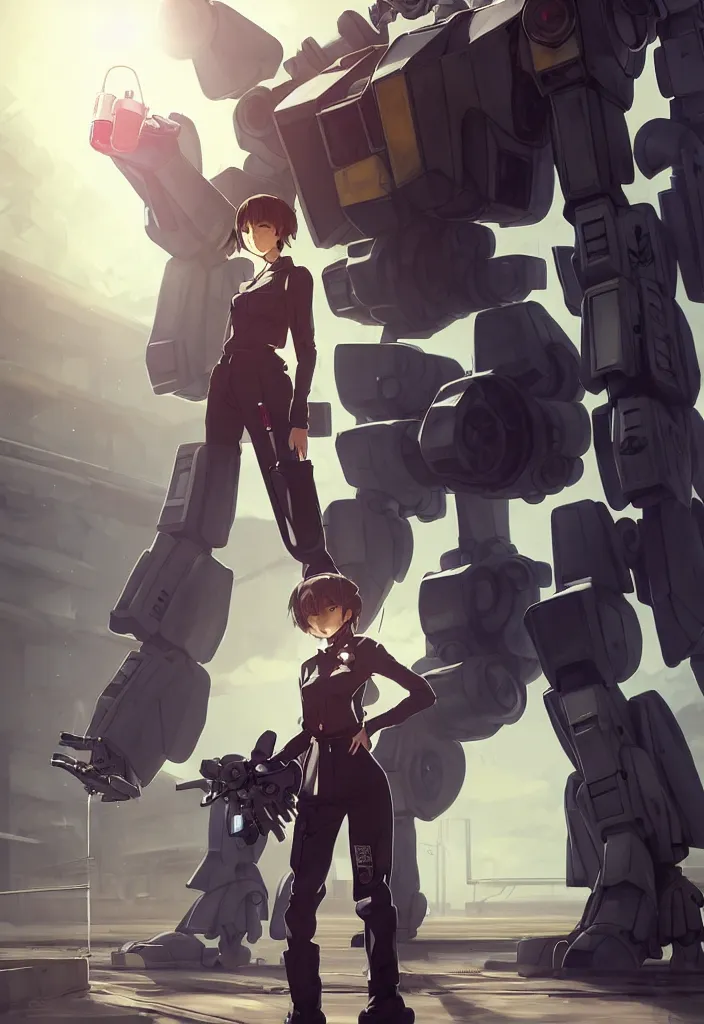 Image similar to beautiful full body portrait of one anime female with short hair, wearing mechanic clothing, in an abandoned warehouse mech repair facility standing in front of a gigantic gundam style mech, drinking soda, D&D, fantasy, intricate, elegant, highly detailed, digital painting, artstation, concept art, smooth, sharp focus, illustration, art by artgerm and WLOP and Krenz Cushart and greg rutkowski and alphonse mucha