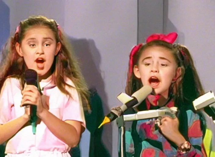 Image similar to A 10-years-old girl singing on the small stage in the TV studio. Funny TV show in 90s. Color VHS footage.