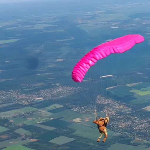 Image similar to real image of garfield skydiving with a pink parachute