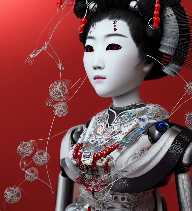 Image similar to portrait of a beautiful japanese robotic geisha with wires and actuators, kanji tattoos and decals, dramatic lighting, hyper - realistic, ultra - realistic, intricate details, japanese model, 8 k ultra high definition, octane render