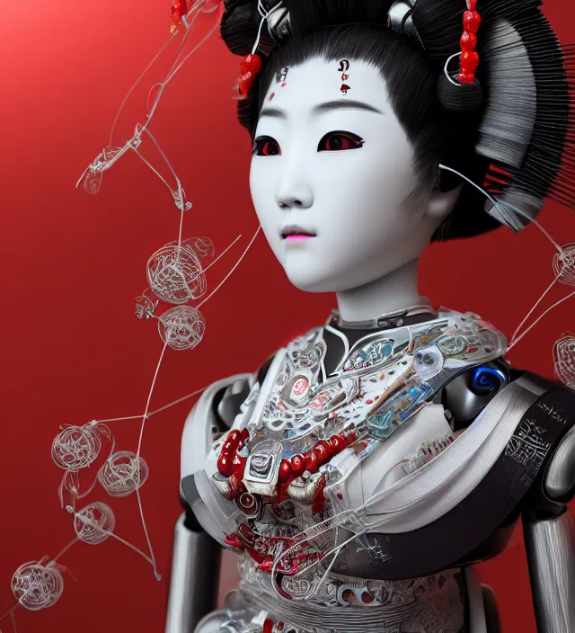 Prompt: portrait of a beautiful japanese robotic geisha with wires and actuators, kanji tattoos and decals, dramatic lighting, hyper - realistic, ultra - realistic, intricate details, japanese model, 8 k ultra high definition, octane render