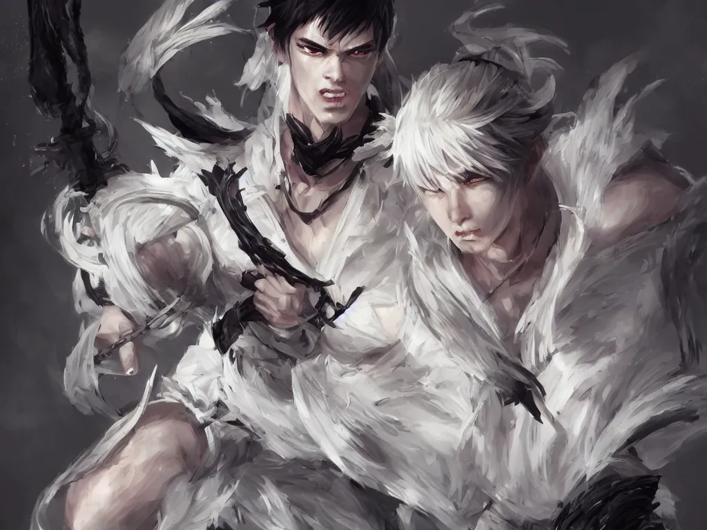 Image similar to a highly detailed illustration of fierce short white haired parted through the middle young attractive asian man, wearing hakama, with black sclera eyes, heroically battle posing, intricate, elegant, highly detailed, centered, digital painting, artstation, concept art, smooth, sharp focus, league of legends concept art, WLOP