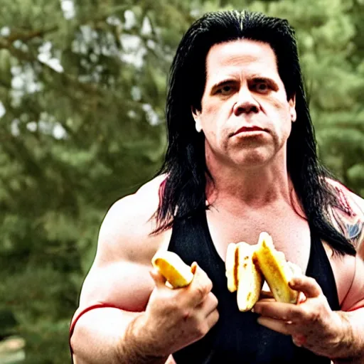 Image similar to glenn danzig at the park eating a banana split,