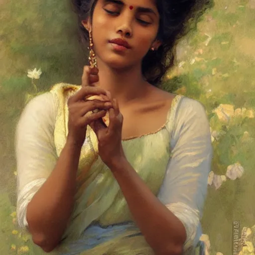 Prompt: detailed portrait of sri lankan girl smoking joint, girl graceful, eyes closed, painting by gaston bussiere, craig mullins, j. c. leyendecker