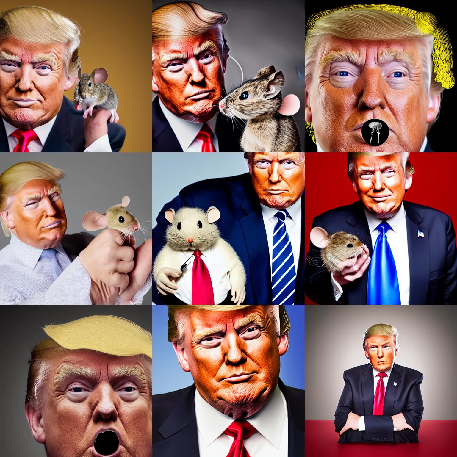 Prompt: Professional studio photograph of Donald Trump with a mouse under his Toupée, studio lighting, 8K