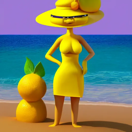 Image similar to 3 d octane render, of a hot anthropomorphic lemon female character inspired by cartoon adventure time, with lemon skin texture, she is wearing a hat, building a sandcastle on the beach at sunset, beach, huge waves, sun, clouds, long violet and green trees, rim light, cinematic photography, professional, sand, sandcastle, volumetric lightening