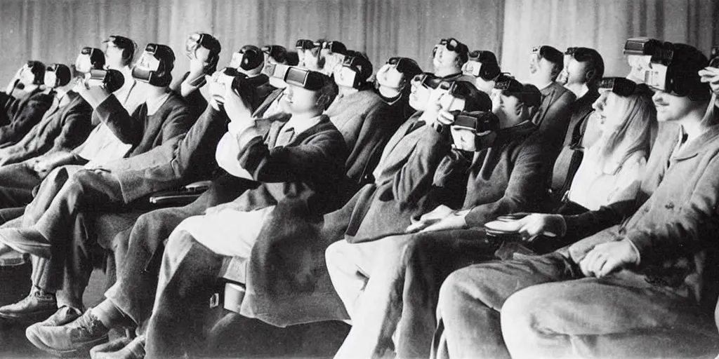 Image similar to 1 9 0 0 s photo of people using iphones ipods virtual reality headsets vr watching hd tv in a movie theater