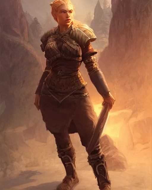 Image similar to the elder scrolls vi, charismatic rugged female nord warrior portrait, illustration, rim light, top light, perfectly shaded, golden hour, epic, intricate, soft painting, art by ross tran, krenz cushart and wenjun lin