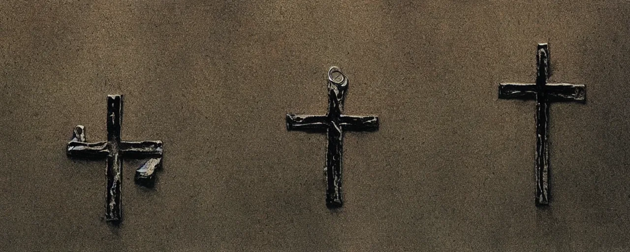 Prompt: a shiny silver cross, black minimalistic background with grunge and grain, by Beksinski
