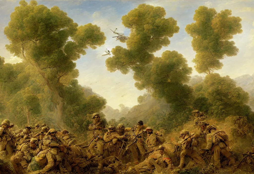 Image similar to afghanistan war by jean honore fragonard, green jungle, helicopters, battlefield, tanks