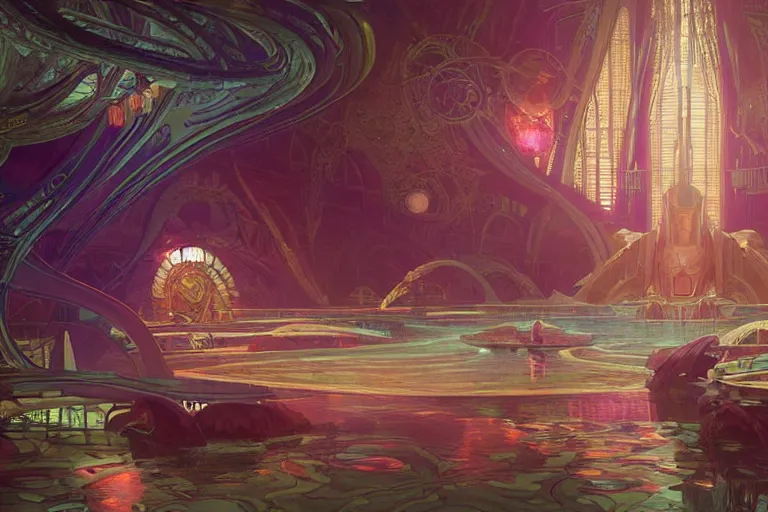 Image similar to concept digital art highly detailed alien art deco cybertronian lazy river inside of the palace of the primes with glowing pink water at night by greg rutkowski, ilya repin, alphonse mucha, and edmund blair leighton. very highly detailed 8 k, digital painting in style of hiromasa ogura ghost in the shell, the golden ratio, rational painting