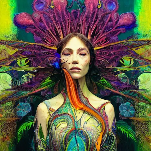 Image similar to A reality bending psychedelic ayahuasca experience, colorful, distorted, surreal, tropical bird feathers, dramatic lighting on the face, intricate, elegant, highly detailed, digital painting, concept art, smooth, sharp focus, illustration, art by Krenz Cushart and Wayne Barlowe and alphonse mucha