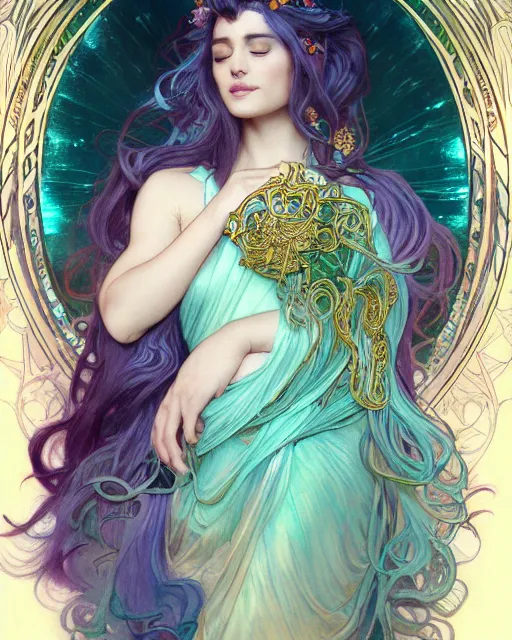 Image similar to an ethereal goddess with turquoise hair | highly detailed | very intricate | art nouveau | gold filigree | romantic storybook fantasy | soft cinematic lighting | award - winning | disney concept art watercolor illustration by mandy jurgens and alphonse mucha and alena aenami | pastel color palette | featured on artstation