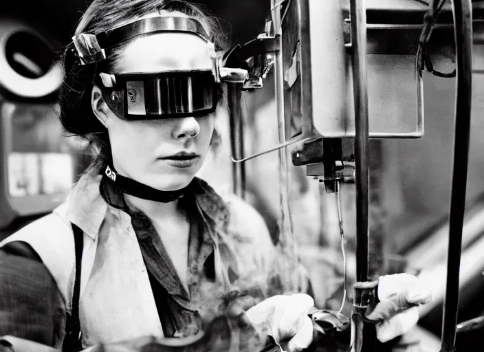 Image similar to close - up portrait of a beautiful woman wearing a choker and welding goggles, in a subway, richard avedon, tri - x pan