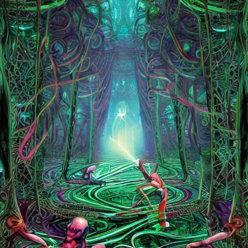 Image similar to dmt-machine-elves by artist-Nathan-Spoor, crawling across the circus floor, climbing up the winding trees