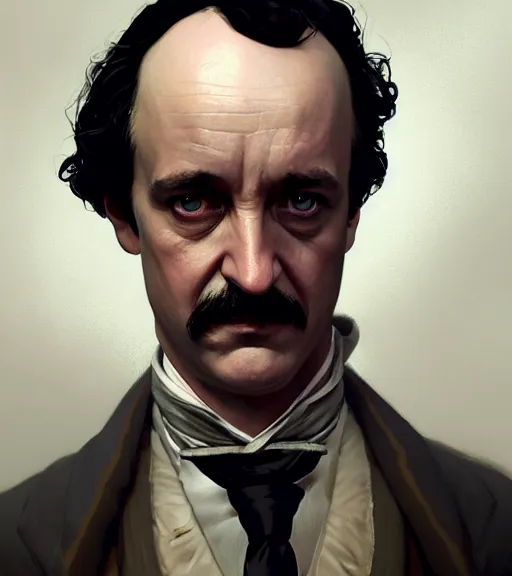 Image similar to highly detailed edgar allan poe portrait in gta v, stephen bliss, unreal engine, fantasy art by greg rutkowski, loish, rhads, ferdinand knab, makoto shinkai and lois van baarle, ilya kuvshinov, rossdraws, tom bagshaw, global illumination, radiant light, detailed and intricate environment