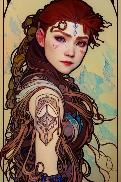 Image similar to beautiful art - nouveau portrait painting of aloy!!!, aloy!!!, artstation, horizon zero dawn!!!, art by mucha, detailed, fine line work, face paint