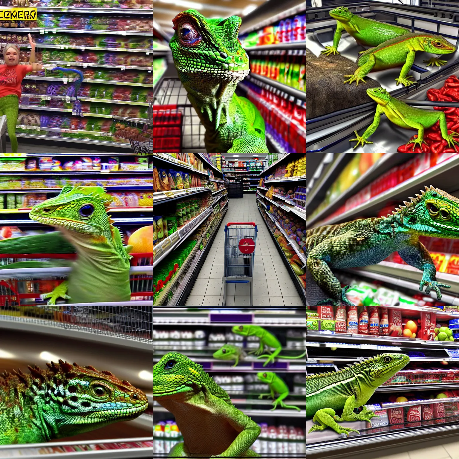 Prompt: lizard people at the grocery store, ultra realism HD, 8k
