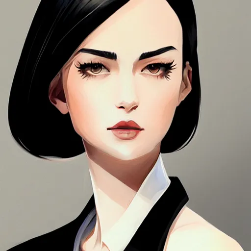 Image similar to slim girl in tuxedo with short black hair, elegant, 2d, ultra highly detailed, digital painting, smooth, sharp focus, artstation, portrait art by Ilya Kuvshinov