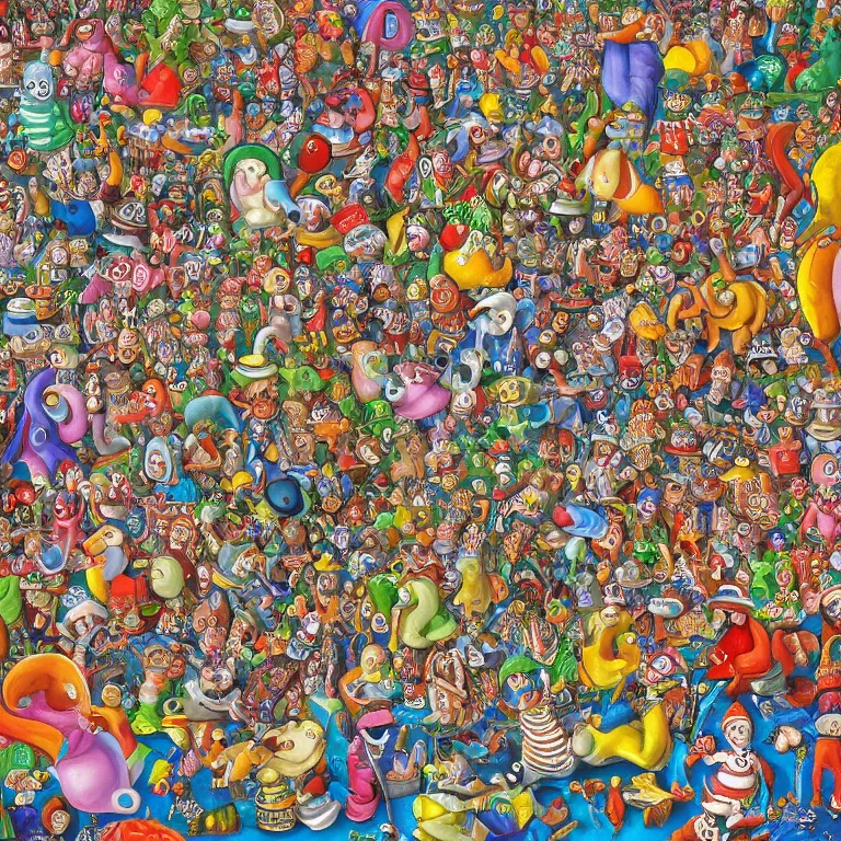 Prompt: an incredibly detailed masterpiece painting of a Where's Waldo puzzle by bosch and lisa frank, ornate, beautiful, bold colors, detailed, high resolution, wow!, realistic, photorealism, intricate