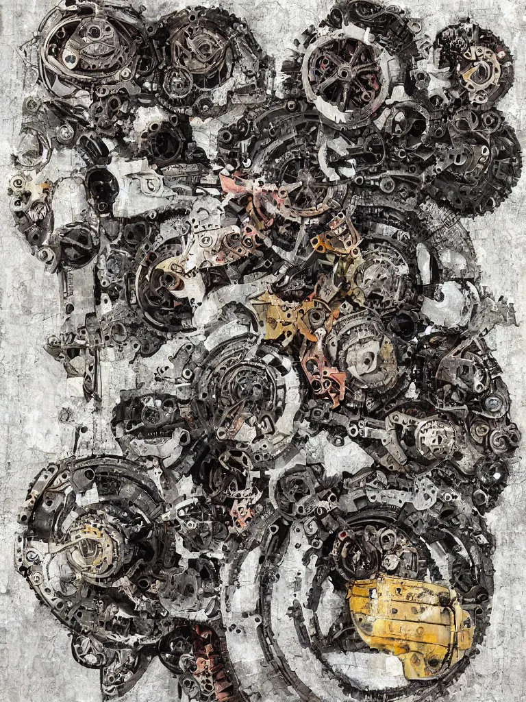 Image similar to peace via tyranny, mechanical, stoic, mixed media,