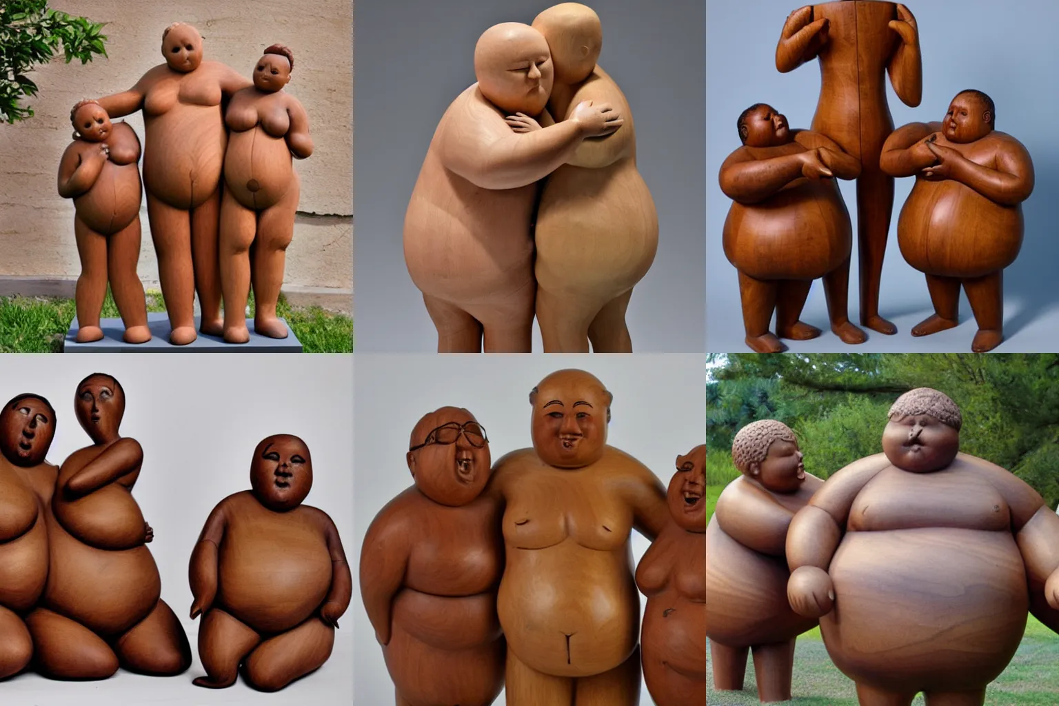 Prompt: wood sculpture of three fat people caressing