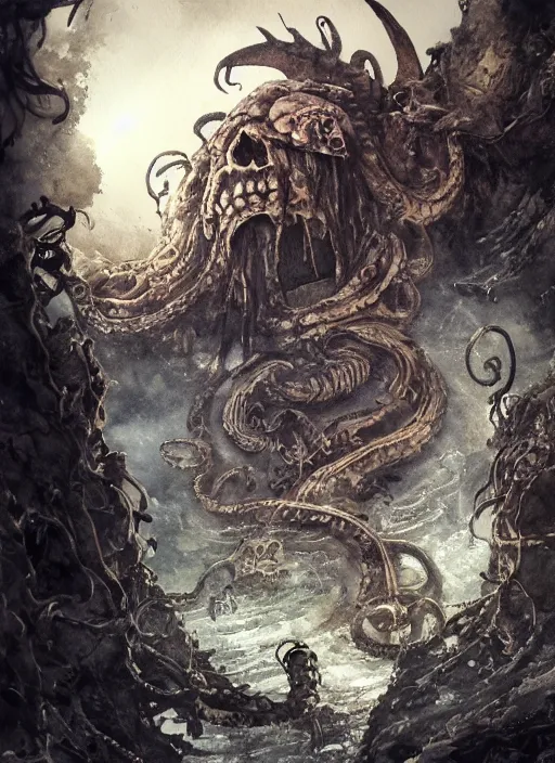 Prompt: portrait, Pirate treasure buried in the cave, kraken, skulls, watercolor, dramatic lighting, cinematic, establishing shot, extremely high detail, foto realistic, cinematic lighting, pen and ink, intricate line drawings, by Yoshitaka Amano, Ruan Jia, Kentaro Miura, Artgerm, post processed, concept art, artstation, matte painting, style by eddie mendoza, raphael lacoste, alex ross