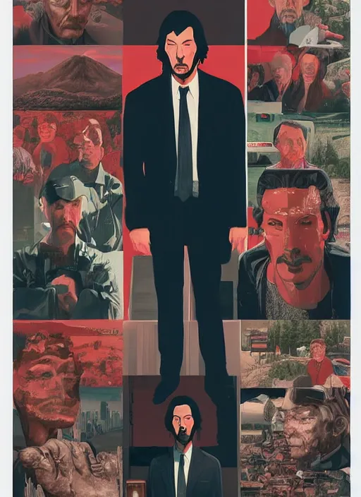 Prompt: Twin Peaks poster artwork by Michael Whelan and Tomer Hanuka, Rendering of Keanu Reeves is the local sherif in Twin Peaks, full of details, by Makoto Shinkai and thomas kinkade, Matte painting, trending on artstation and unreal engine
