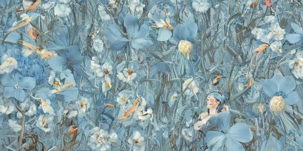 Image similar to breathtaking detailed concept art painting art deco pattern of blonde faces goddesses amalmation light - blue flowers with anxious piercing eyes and blend of flowers and birds, by hsiao - ron cheng and john james audubon, bizarre compositions, exquisite detail, 8 k