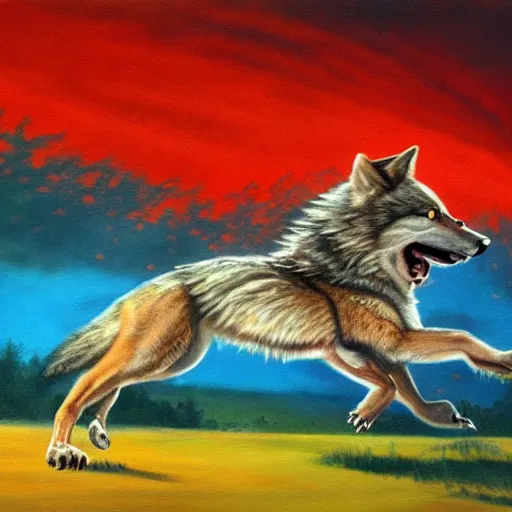 Prompt: this painting depicts a feral, screaming, wolf as it runs at great speed toward the viewer. behind it, across a cityscape, there is another smaller wolf in red, with its tongue hanging out. the sky behind the pair is a brilliant yellow - green.