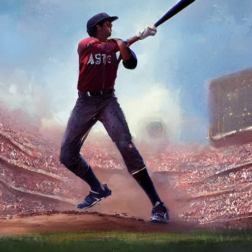 Image similar to baseball player hitting the ball with the baseball bat in the middle of the game and in front of everyone in the stadium, james gurney painting style, greg rutkowski, artstation