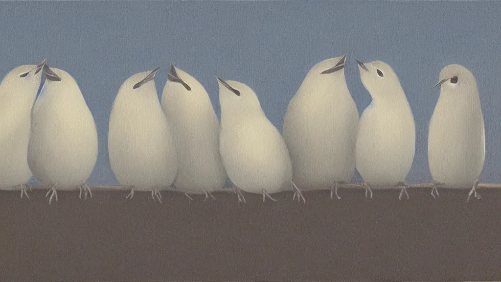 Prompt: a row of obese bearded reedlings, oil painting, midnight, moonlight, full moon, highly detailed, hyper realistic