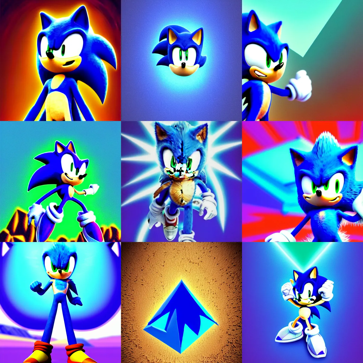 Prompt: photo of sonic the hedgehog made out of a blue chaos emerald, in the desert, highly realistic, hyperrealistic, hyperdetailed, anime, artstation, perfect cut, pyramid shape, from sonic