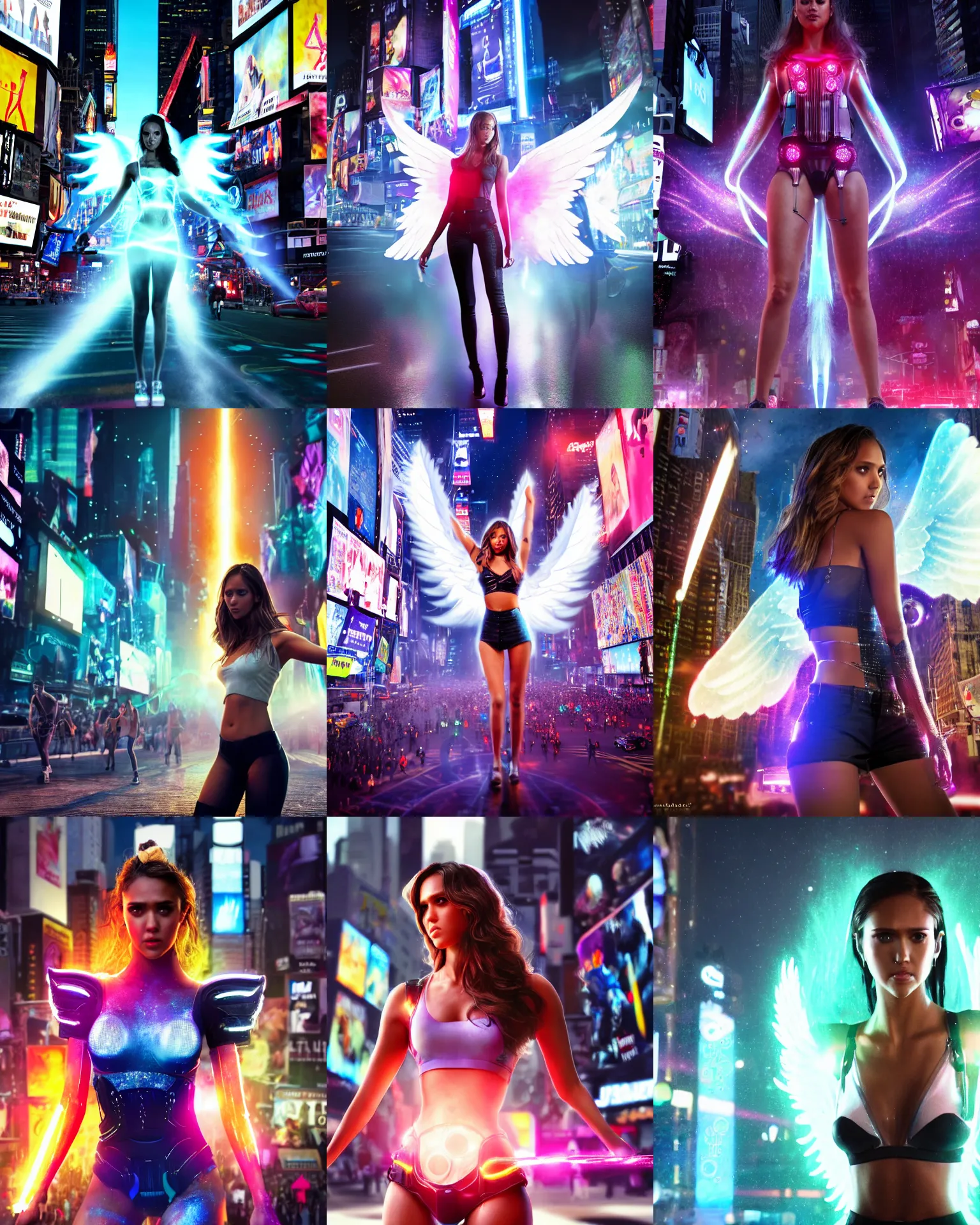 Prompt: jj abrams movie still full body portrait of young woman jessica alba as an edc rave angel girl cyborg in a crowded packed times square intersection, octane render, anime, trending on artstation, unreal engine, volumetric lighting, concept art, sci - fi, photoreal, sweating, pouty face, looking at camera, symmetrical, epic shot,