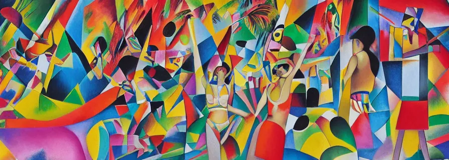 Image similar to party in jungles, girls with a slim figure in carnival skirts and guys in polygonal print shorts dance to the sound of ethnic drums, author zima blue, very elongated lines, wasily kandinsky, malevich, dramatic pop art, color splashes, grain