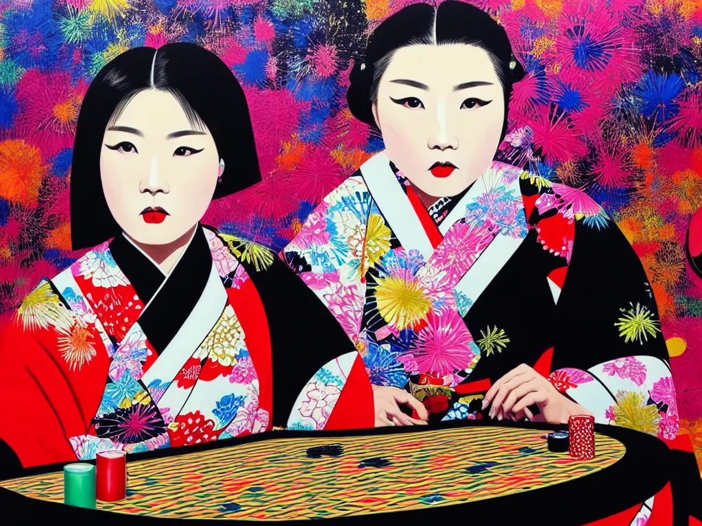 Image similar to hyperrealistic composition of the detailed woman in a japanese kimono sitting at a poker table with detailed darth vader, fireworks, beautiful mountain in the background, pop - art style, jacky tsai style, andy warhol style, acrylic on canvas