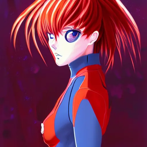 Image similar to portrait of asuka langley soryu, neon - genesis - evangelion. techwear, sci - fi, background, intricate, elegant, highly detailed, digital painting, artstation, concept art, smooth, sharp focus, illustration, by anato finnstark, boissb - blanca. j, cindy avelino, clint cearley, anna podedworna