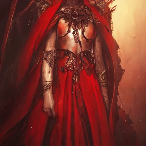 Prompt: a beautiful portrait of an ancient elderly necromancer queen, embers, skeletal, red-fabric, red-eyes!!!!!!!!!, by Greg Rutkowski and Raymond Swanland, Trending on Artstation, ultra realistic digital art