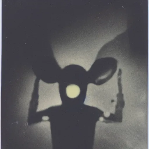 Prompt: Polaroid of a alien to encounter with the lost ones if they were in a dark zone hands up