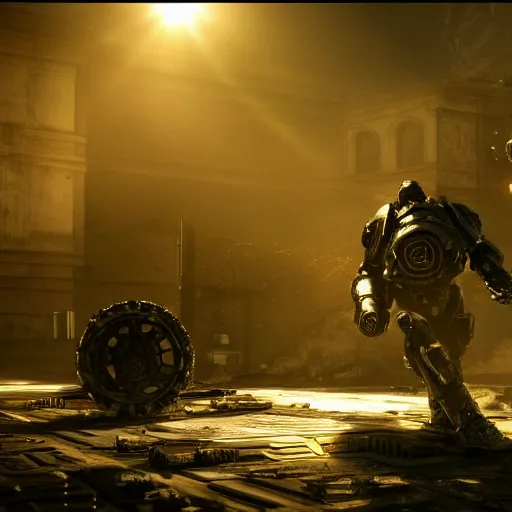 Image similar to killer robots in gears of war, splash art, movie still, cinematic lighting, ray tracing, octane render, long lens, shallow depth of field, bokeh, anamorphic lens flare, 8 k, hyper detailed, 3 5 mm film grain