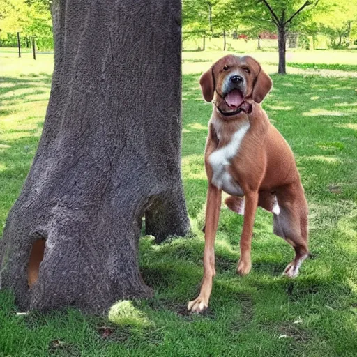 Prompt: doggos becoming a tree in the park, funny, photorealistic