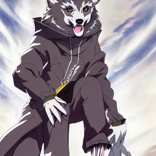 Image similar to key anime visual portrait of an anthropomorphic anthro wolf fursona, in a jacket, with handsome eyes, official modern anime art