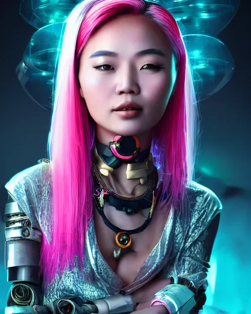 Prompt: portrait of a beautiful asian woman ( ( yayaying rhatha phongam ) ) with pink hair as a cyberpunk cyborg half robot, sci - fi, missing panels, intricate abstract upper body intricate artwork, concept art, octane render, deviantart, cinematic, key art, hyperrealism, iridescent accents, portrait photograph, nikon 3 5 mm, photograph by greg rutkowski