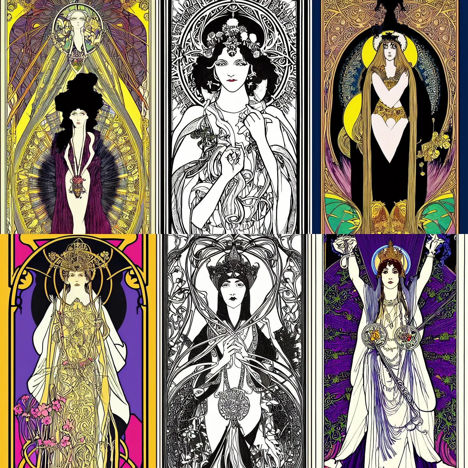Prompt: High priestess tarot card, spiritual, 4k digital illustration by Aubrey Beardsley in the style of Alphonse Mucha, colorful, Tarot Card, occult, iconography, intricate border designs, Artstation
