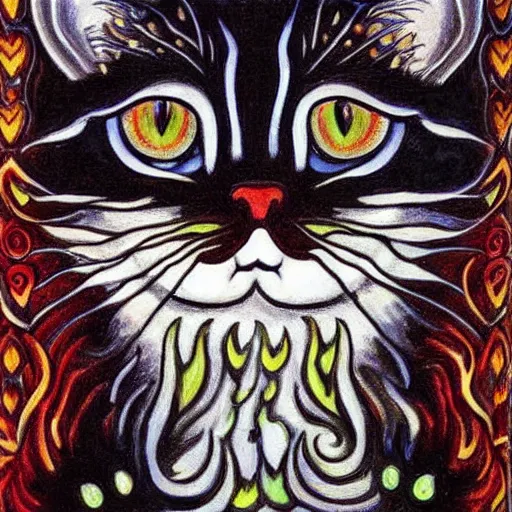 Prompt: a fire cat, louis wain,