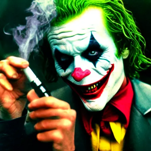 Prompt: photograph of the joker smoking a bong at woodstock, hazy, bloodshot eyes, laughing, circa 1 9 6 9