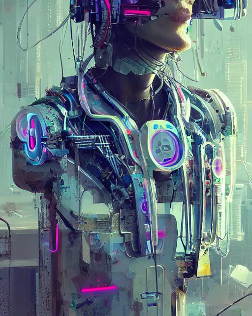 Prompt: neon surgery machine cyberpunk futuristic, reflective engine, decorated with traditional ornaments in a white room with piles of garbage by ismail inceoglu dragan bibin hans thoma, perfect face, fine details, realistic shaded, fine - face, pretty face