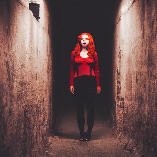 Prompt: beautiful redhead woman with glowing eyes standing in a very very dark alley, staring at the camera and smiling, motionless. Award winning, high resolution, realistic