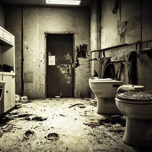 Image similar to a darkly lit janitors room with a toilet in the corner, cleaning supplies, grungy, dirty, highly detailed