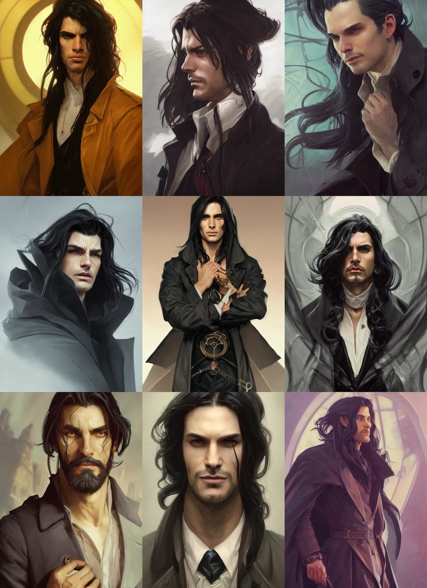 Prompt: Close-up portrait of Evil male alchemist with long black slicked hair, trench coat with many pockets, portrait, highly detailed, digital painting, artstation, concept art, sharp focus, illustration, art by artgerm and greg rutkowski and alphonse mucha